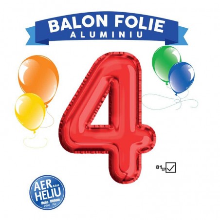 Balon folie aluminiu, cifra aniversara 4, inaltime 81 cm, rosu