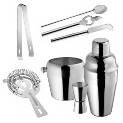 Set barman, 8 piese, clesti, agitator, sita, lingura, deschizator, cutit citrice, argintiu