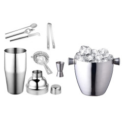 Set barman, 8 piese, clesti, agitator, sita, lingura, deschizator, cutit citrice, argintiu