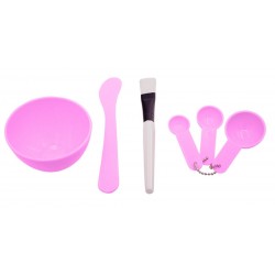 Kit aplicare masti faciale, recipient, 3 linguri, spatule, perie, plastic, roz