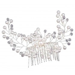Accesoriu elegant pentru par, decorat cu perle, pieptan, plastic, 20 x 6 cm, argintiu