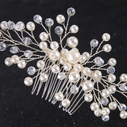 Accesoriu elegant pentru par, decorat cu perle, pieptan, plastic, 20 x 6 cm, argintiu
