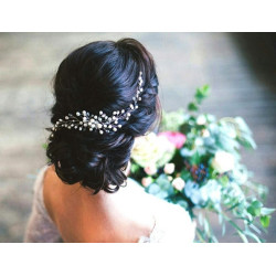 Accesoriu elegant pentru par, decorat cu perle, pieptan, plastic, 20 x 6 cm, argintiu