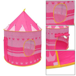Cort de joaca tip castel, imprimeu buline si coronite, 105x135 cm, husa depozitare, roz