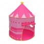 Cort de joaca tip castel, imprimeu buline si coronite, 105x135 cm, husa depozitare, roz