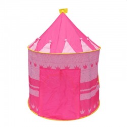 Cort de joaca tip castel, imprimeu buline si coronite, 105x135 cm, husa depozitare, roz