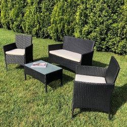 Set 4 piese mobilier gradina, fotolii, canapea, masuta cafea, perne, blat sticla, model ratan negru