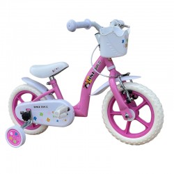 Bicicleta 12 inch, roti ajutatoare, cos cumparaturi, sistem franare V-brake, alb roz