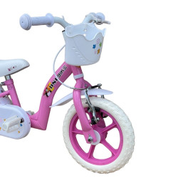 Bicicleta 12 inch, roti ajutatoare, cos cumparaturi, sistem franare V-brake, alb roz