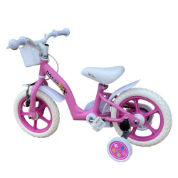 Bicicleta 12 inch, roti ajutatoare, cos cumparaturi, sistem franare V-brake, alb roz