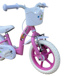 Bicicleta 12 inch, roti ajutatoare, cos cumparaturi, sistem franare V-brake, alb roz