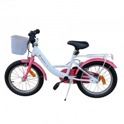 Bicicleta copii, roti 16 inch, cos frontal, portbagaj, frane V-Brake, cric, alb roz