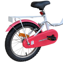 Bicicleta copii, roti 16 inch, cos frontal, portbagaj, frane V-Brake, cric, alb roz
