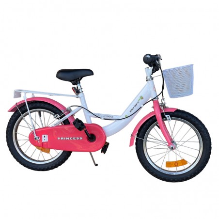 Bicicleta copii, roti 16 inch, cos frontal, portbagaj, frane V-Brake, cric, alb roz