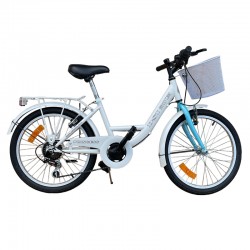 Bicicleta de oras, 20 inch, cadru otel, 6 viteze, cos cumparaturi, portbagaj, alb