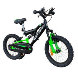 Bicicleta MTB 16 inch, suspensii, aparatoare lant, sistem franare V-Brake, negru verde