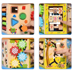 Cub activitati educative copii, 8 in 1, Ceas, Labirinturi, Abac, Forme geometrice, multicolor, lemn