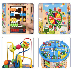 Cub activitati educative copii, 8 in 1, Ceas, Labirinturi, Abac, Forme geometrice, multicolor, lemn