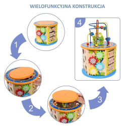 Cub activitati educative copii, 8 in 1, Ceas, Labirinturi, Abac, Forme geometrice, multicolor, lemn