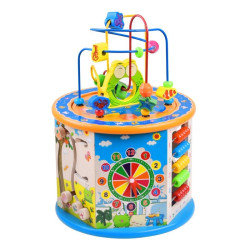 Cub activitati educative copii, 8 in 1, Ceas, Labirinturi, Abac, Forme geometrice, multicolor, lemn