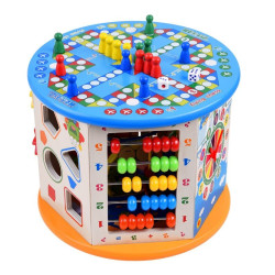 Cub activitati educative copii, 8 in 1, Ceas, Labirinturi, Abac, Forme geometrice, multicolor, lemn