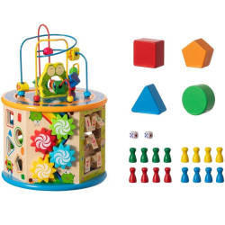 Cub activitati educative copii, 8 in 1, Ceas, Labirinturi, Abac, Forme geometrice, multicolor, lemn