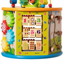 Cub activitati educative copii, 8 in 1, Ceas, Labirinturi, Abac, Forme geometrice, multicolor, lemn
