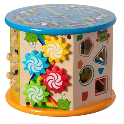 Cub activitati educative copii, 8 in 1, Ceas, Labirinturi, Abac, Forme geometrice, multicolor, lemn