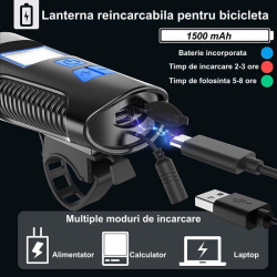 Set far si stop pentru bicicleta, lumina LED, 4 moduri iluminare, microUSB, IPX7,1500mAh