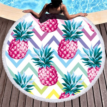 Prosop plaja rotund, model multicolor cu ananas, 150 cm