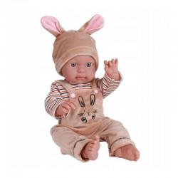 Papusa bebelus, caciula urechi iepuras, salopeta si bluza, aspect realist, 45 cm