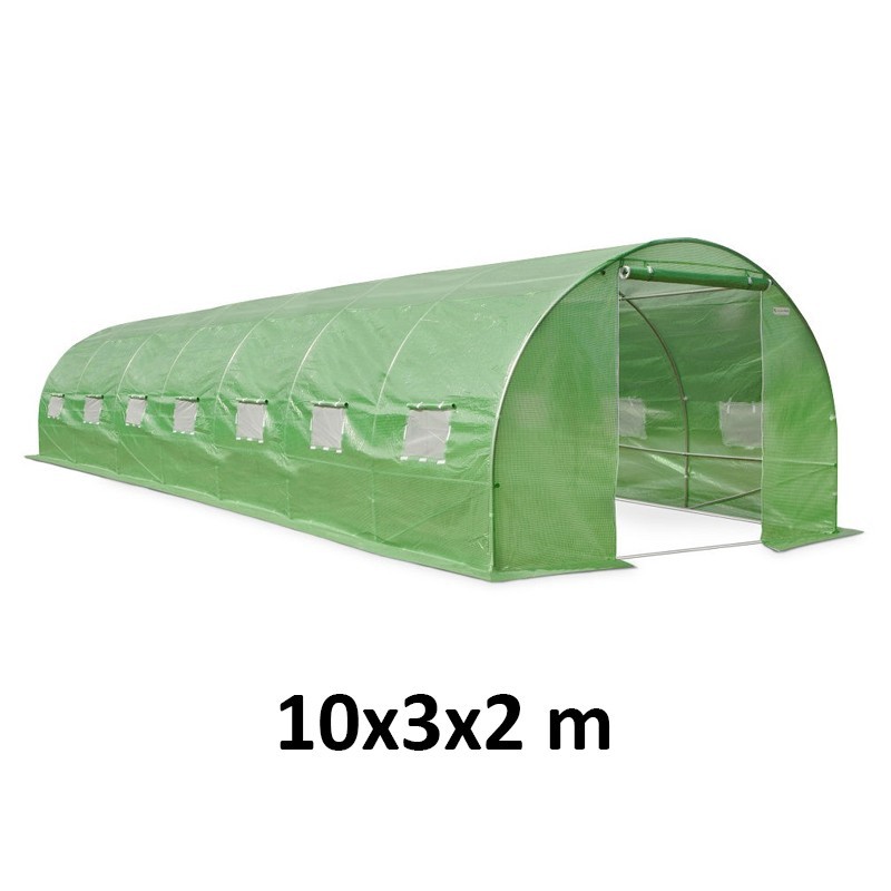 Sera tip tunel, 10x3x2 m, ferestre cu plasa anti-insecte, 1 usa rulanta, folie PE cu filtru UV4, verde