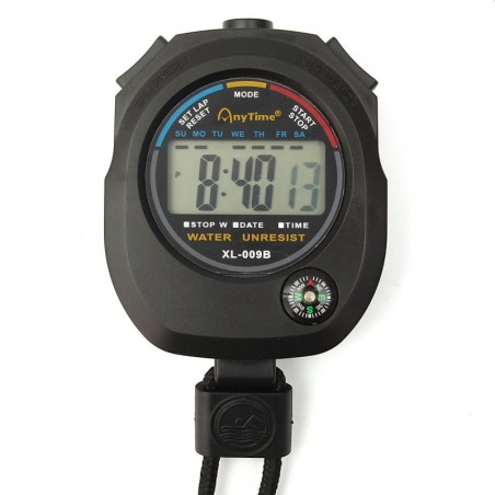 Cronometru digital cu busola, ecran LCD, ora, calendar, alarma, snur, negru