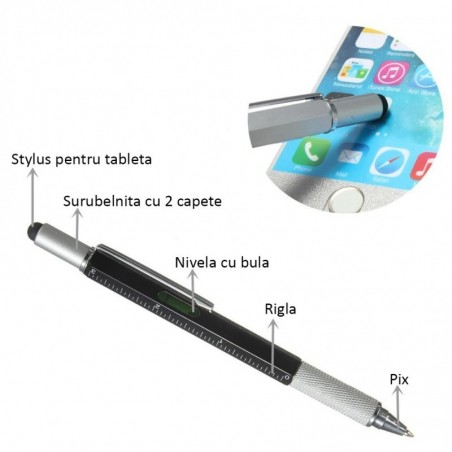 Pix multifunctional 6 in 1, nivela cu bula, surubelnita, rigla, capat touchscreen