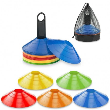 Set 50 jaloane tip con, pentru antrenamente sportive, PVC flexibil multicolor, cu suport si husa transport