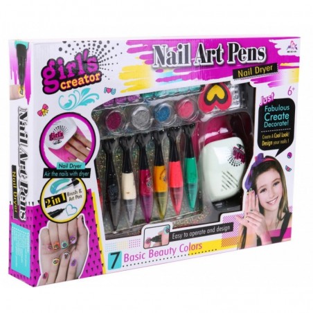 Kit pentru pictat si decorat unghiile, 7 markere, lampa, alimentare baterii, multicolor, 6+