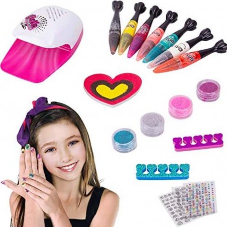 Kit pentru pictat si decorat unghiile, 7 markere, lampa, alimentare baterii, multicolor, 6+