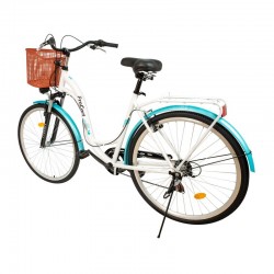 Bicicleta dama, roti 28 inch, 7 viteze Shimano, V-Brake, cos cumparaturi, portbagaj, alb turcoaz