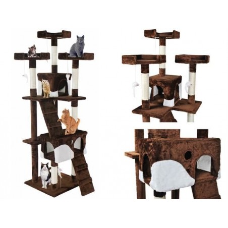 Ansamblu de joaca pentru pisici, 5 etaje, materiale ecologice, 4 soricei inclusi, 170x90x49cm, 7,5kg, maro