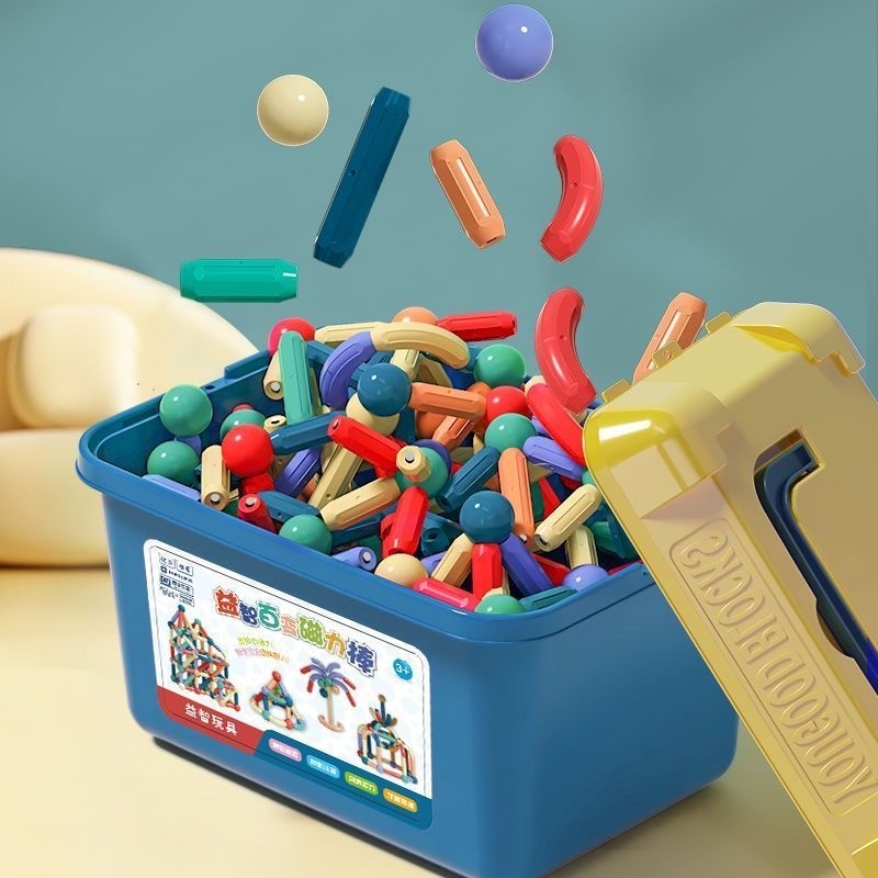 Set constructii magnetice, 136 piese multicolor, cutie depozitare