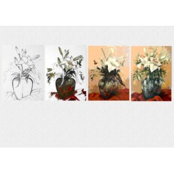 Set Tablou Dual-View Lectia de pictura in 4 pasi - Flori 