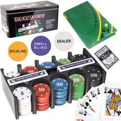 Set de poker Texas Holdem, 200 jetoane, 2 pachete carti de joc, 6 persoane, 3 jetoane incluse