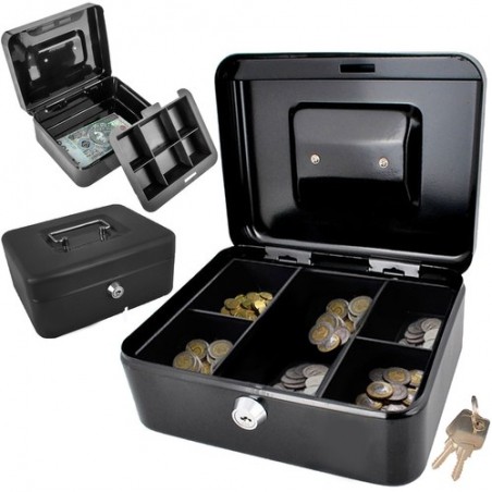 Cutie metalica pentru depozitat bani si documente, 2 chei incluse, 20x16x9cm, negru