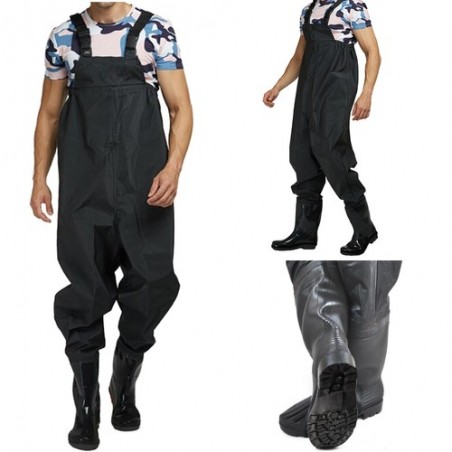 Costum pescuit, masura incaltaminte 46, talpa cu strat antialunecare, pieptar salopeta, 145x63 cm, negru
