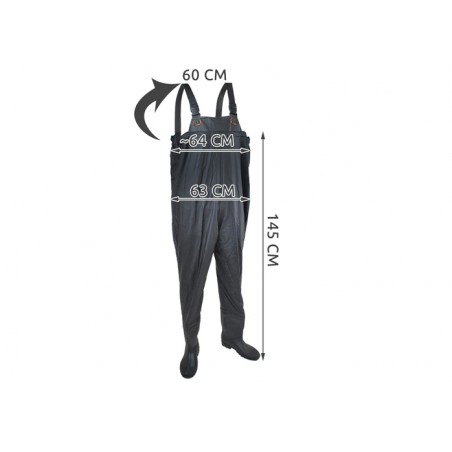 Costum pescuit, masura incaltaminte 46, talpa cu strat antialunecare, pieptar salopeta, 145x63 cm, negru