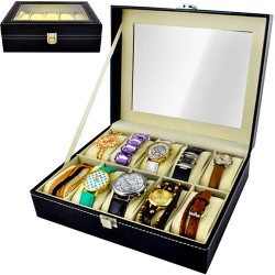 Cutie depozitare ceasuri, 10 compartimente, siguranta inchidere, 20,3x25,7x8cm, negru