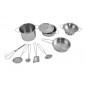Set accesorii bucatarie copii, 13 piese metal, 2 oale, tigaie, ustensile, manusa, suport panza