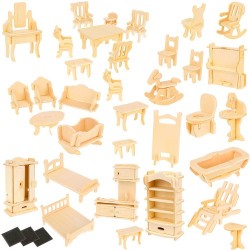 Set 34 piese mobilier din lemn pentru casuta papusi, asamblare DIY
