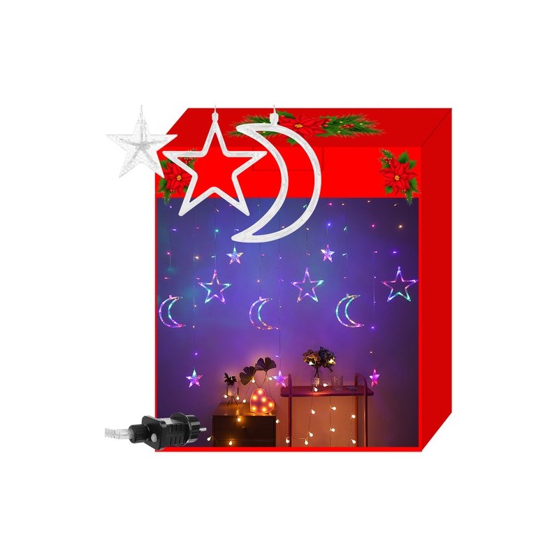 Instalatie LED multicolor, perdea stele/semiluna, 138 LED-uri, 8 moduri iluminare, IP44, lungime totala 5,7m, 3,6W