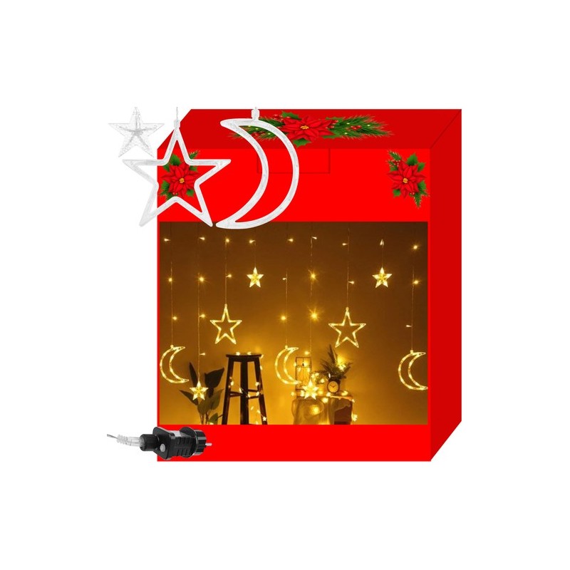 Instalatie LED tip perdea, 3.6W, turturi stele/semiluna, 138 LED-uri, alb-cald, 8 moduri iluminare, IP44, lungime 5.7m